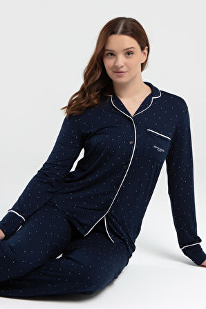 Pierre Cardin 8986 Kadın Lacivert Gömlek Yaka Önden Düğmeli Cepli Pijama Takım