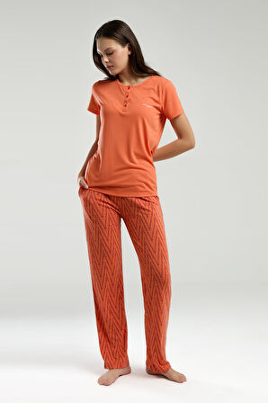 Pierre Cardin Kadın Turuncu Yaka Düğmeli Kısa Kol Desenli Pijama Takım