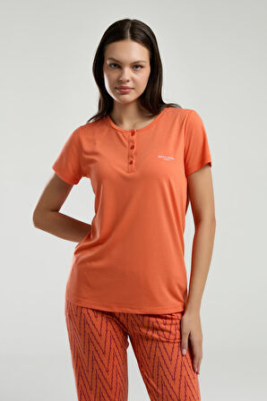 Pierre Cardin Kadın Turuncu Yaka Düğmeli Kısa Kol Desenli Pijama Takım