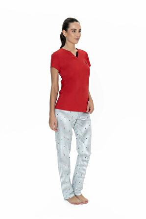 U.S. Polo Assn. Kadın V Yaka Yarım Kollu Patlı Çizgili Pijama Takım