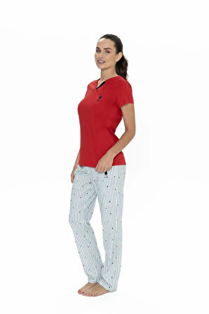 U.S. Polo Assn. Kadın V Yaka Yarım Kollu Patlı Çizgili Pijama Takım