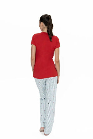 U.S. Polo Assn. Kadın V Yaka Yarım Kollu Patlı Çizgili Pijama Takım