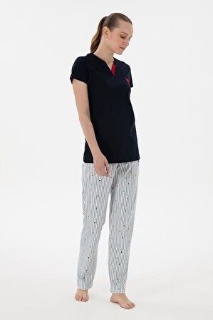 U.S. Polo Assn. Kadın V Yaka Yarım Kollu Patlı Çizgili Pijama Takım