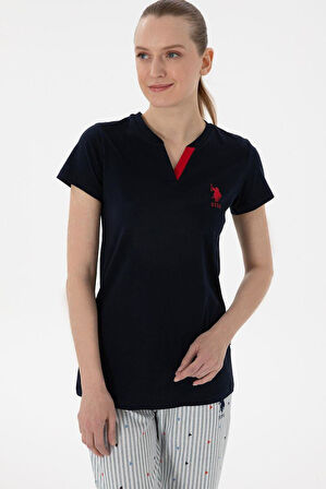 U.S. Polo Assn. Kadın V Yaka Yarım Kollu Patlı Çizgili Pijama Takım