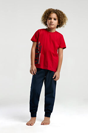 U.S. Polo Assn. Erkek Çocuk Yazılı Kırmızı Kısa Kol Paça Lastikli Pijama Takım