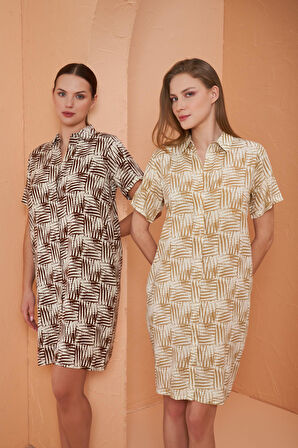 Pjs 27141 Kadın Bej Desenli Gömlek Yaka Kısa Kol Viskon Elbise