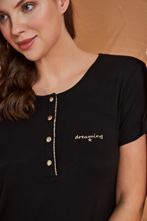 Pjs 27068 Dreaming Kadın Gold Detaylı Yaka Düğmeli Kısa Kol Pijama Takım