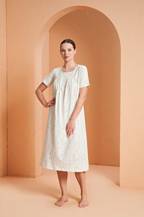 Pjs 27160 Kadın Çiçek Desenli Düğmeli Yaka Kısa Kol Gecelik