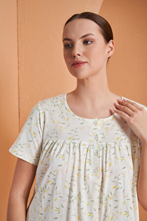 Pjs 27160 Kadın Çiçek Desenli Düğmeli Yaka Kısa Kol Gecelik