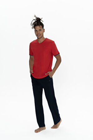 U.S. Polo Assn. Büyük Beden Erkek Kırmızı Yarım Kollu V Yaka Pijama Takım