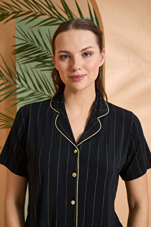 Pjs Kadın Gold Detaylı Çizgili Boydan Düğmeli Kısa Kol Pijama Takım