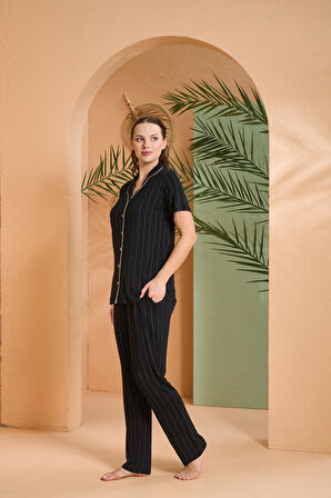 Pjs Kadın Gold Detaylı Çizgili Boydan Düğmeli Kısa Kol Pijama Takım