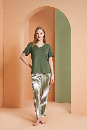 Pjs Kadın V Yaka Yarım Kollu Çizgili Pijama Takım