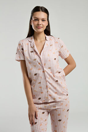 Roly Poly Kadın Gömlek Yaka Önden Düğmeli Kısa Kol Pijama Takım