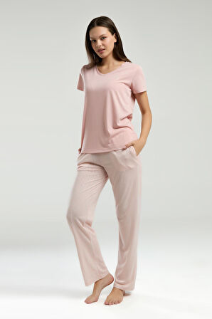 Pierre Cardin Kadın V Yaka Kısa Kol Çizgili Pijama Takım