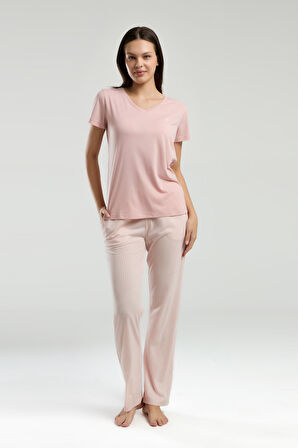 Pierre Cardin Kadın V Yaka Kısa Kol Çizgili Pijama Takım