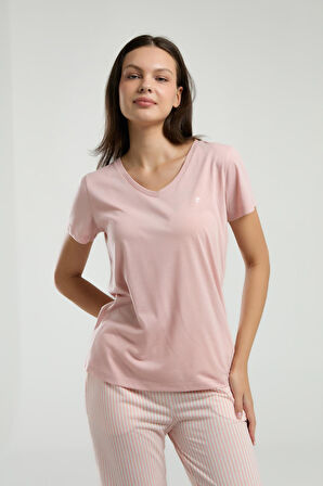 Pierre Cardin Kadın V Yaka Kısa Kol Çizgili Pijama Takım