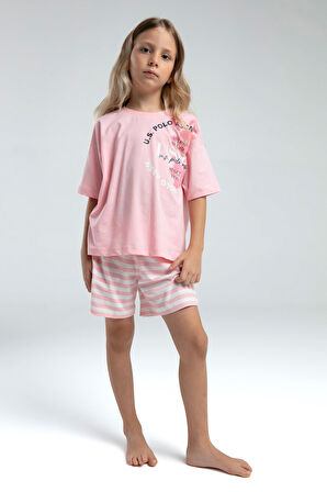 U.S. Polo Assn. 2073 Kız Çocuk Bisiklet Yaka Kısa Kollu Çizgili Şort Pijama Takım