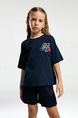 U.S. Polo Assn. 2072 Garson Çiçek Desenli Kız Çocuk Lacivert Bisiklet Yaka Kısa Kollu Şort  Pijama Takım