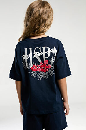 U.S. Polo Assn. 2072 Garson Çiçek Desenli Kız Çocuk Lacivert Bisiklet Yaka Kısa Kollu Şort  Pijama Takım
