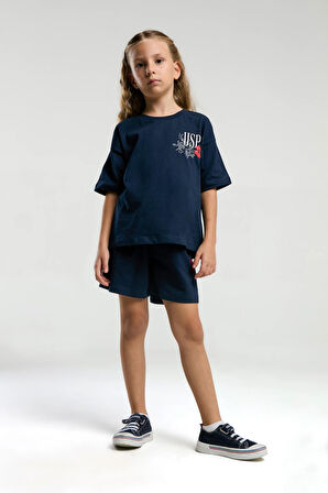 U.S. Polo Assn. 2072 Garson Çiçek Desenli Kız Çocuk Lacivert Bisiklet Yaka Kısa Kollu Şort  Pijama Takım