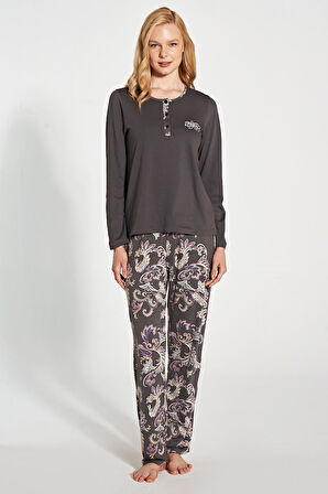 Gd Goldoremi 1782 Kadın Patlı Düğmeli Desenli Uzun Kol Pijama Takım