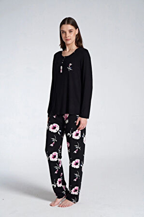 Gd Goldoremi 1761 Kadın Düğmeli Çiçek Desenli Uzun Kol Pijama Takım