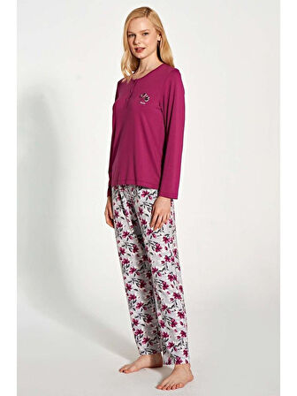 Gd Goldoremi 1776 Kadın Uzun Kollu Düğmeli Desenli Rahat Pijama Takım