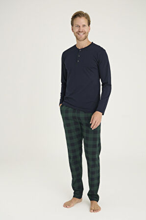 Kly Erkek %100 Pamuklu Düğmeli Yaka Ekose Desen Uzun Kollu Pijama Takım