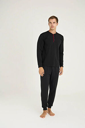 Kly Erkek Büyük Beden %100 Pamuklu Düğmeli Manşetli Uzun Kol Pijama Takım