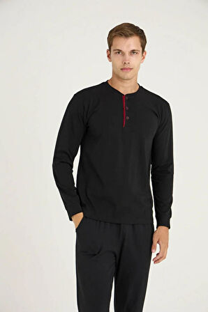 Kly Erkek Büyük Beden %100 Pamuklu Düğmeli Manşetli Uzun Kol Pijama Takım