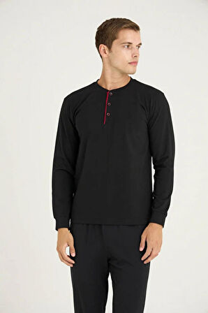 Kly Erkek Büyük Beden %100 Pamuklu Düğmeli Manşetli Uzun Kol Pijama Takım