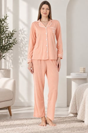 Gd Goldoremi Premium Boydan Düğmeli Rahat Örme Kumaş Uzun Kol Pijama Takımı