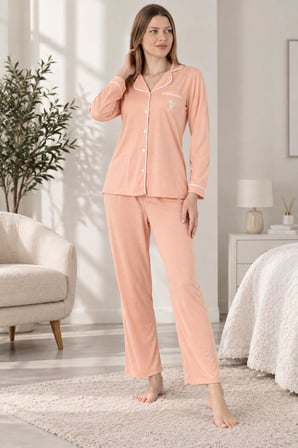 Gd Goldoremi Premium Boydan Düğmeli Rahat Örme Kumaş Uzun Kol Pijama Takımı