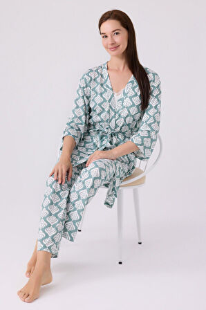 Pierre Cardin Kadın Sabahlıklı Uzun Kol İp Askılı V Yaka 3'lü Pijama Takım