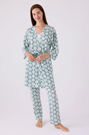 Pierre Cardin Kadın Sabahlıklı Uzun Kol İp Askılı V Yaka 3'lü Pijama Takım
