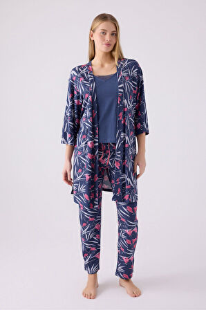 Pierre Cardin Kadın Mor Sabahlıklı Uzun Kol İp Askılı V Yaka 3'lü Pijama Takım