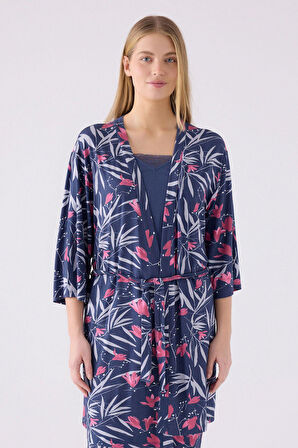 Pierre Cardin Kadın Mor Sabahlıklı Uzun Kol İp Askılı V Yaka 3'lü Pijama Takım