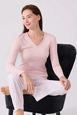 Arnetta Kadın V Yaka Örme Pembe Uzun Kol Pijama Takım