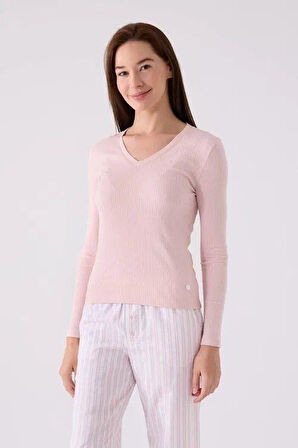 Arnetta Kadın V Yaka Örme Pembe Uzun Kol Pijama Takım