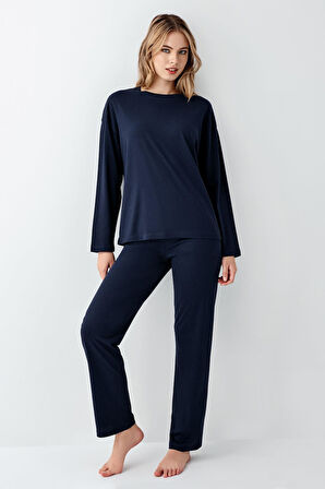Arnetta Kadın Modal Pamuklu Bisiklet Yaka Uzun Kollu Rahat Düz Pijama Takım