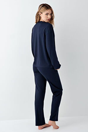 Arnetta Kadın Modal Pamuklu Bisiklet Yaka Uzun Kollu Rahat Düz Pijama Takım