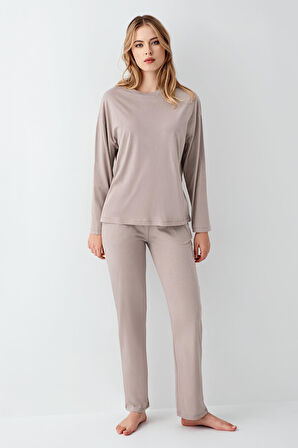 Arnetta Kadın Modal Pamuklu Bisiklet Yaka Uzun Kollu Rahat Düz Pijama Takım