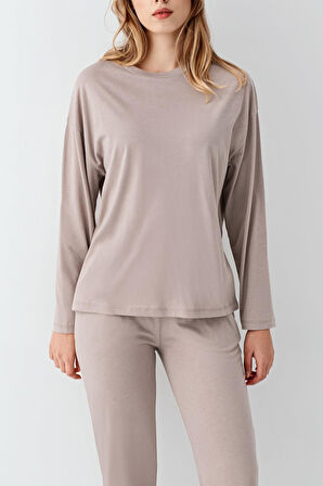 Arnetta Kadın Modal Pamuklu Bisiklet Yaka Uzun Kollu Rahat Düz Pijama Takım