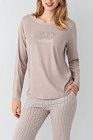 Arnetta Kadın %100 Pamuklu Açık Yaka Çizgili Uzun Kollu Rahat Pijama Takım