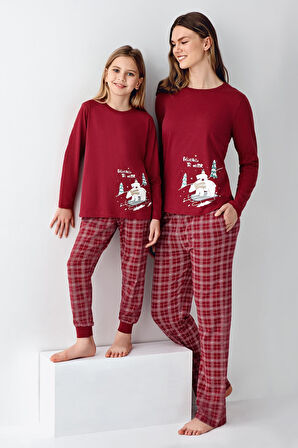 Arnetta Kadın Aile %100 Pamuklu 4 Mevsim Ekoseli Uzun Kollu Pijama Takım