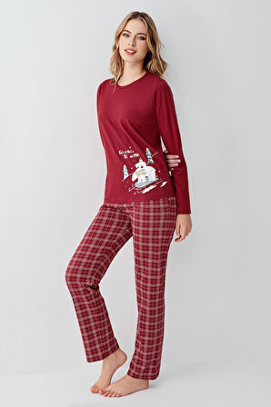 Arnetta Kadın Aile %100 Pamuklu 4 Mevsim Ekoseli Uzun Kollu Pijama Takım