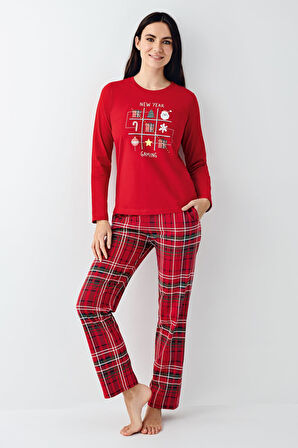 Arnetta Kadın Aile %100 Pamuklu 4 Mesim New Year Uzun Kollu Pijama Takım
