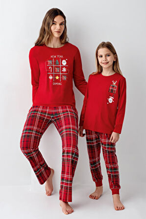 Arnetta Kadın Aile %100 Pamuklu 4 Mesim New Year Uzun Kollu Pijama Takım