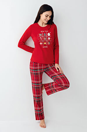Arnetta Kadın Aile %100 Pamuklu 4 Mesim New Year Uzun Kollu Pijama Takım